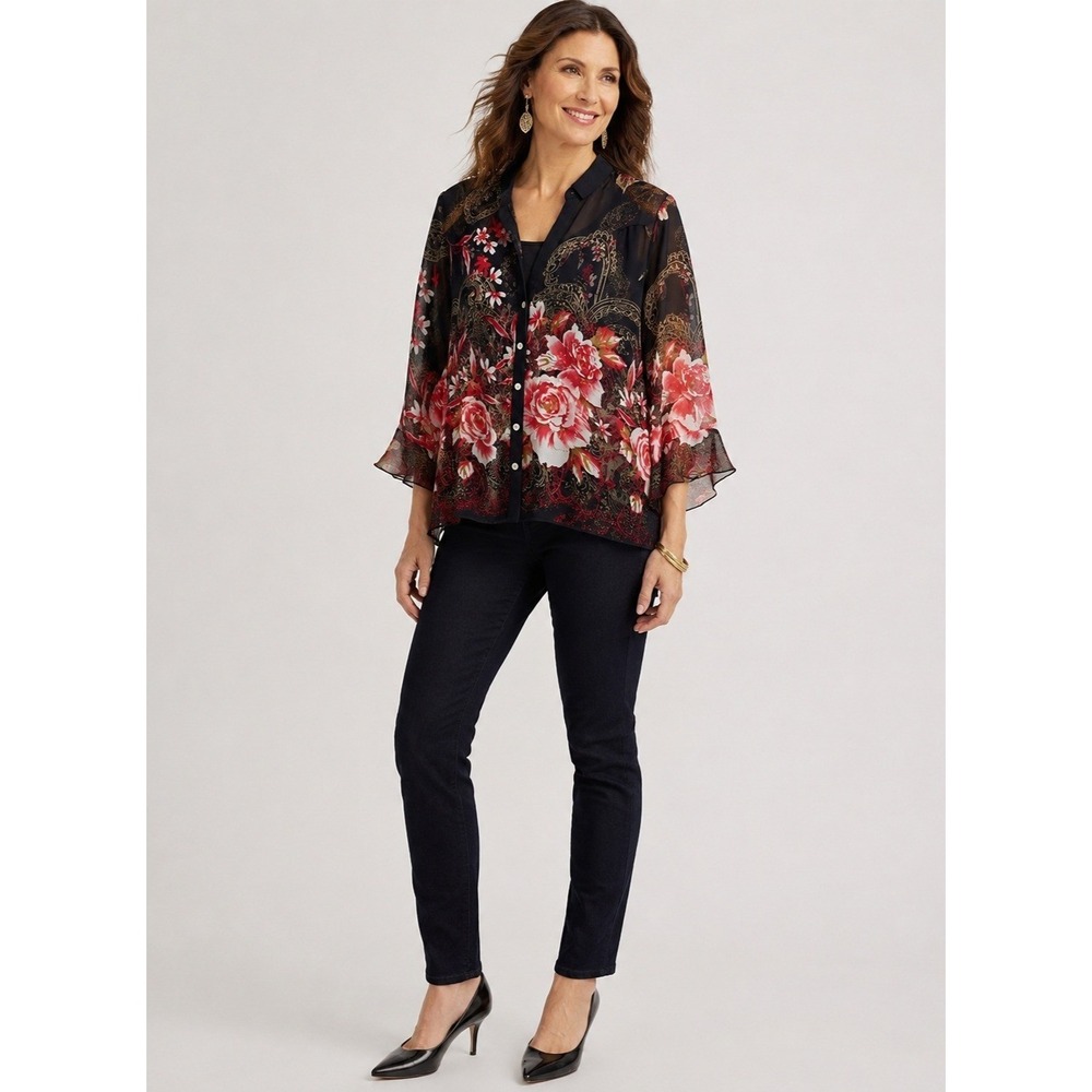 Vintage Investments Layered Cardigan Tank Blouse Women S Black Floral Semi Sheer